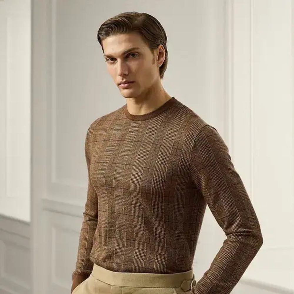 Ralph Lauren Purple Label Glen Plaid Cashmere-blend Crewneck Sweater